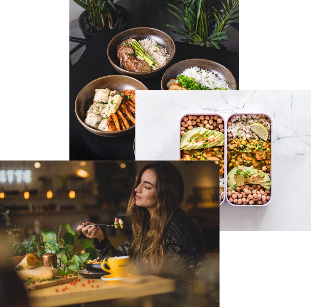 Woman enjoying food, meals in storage container, and food boels on a table.